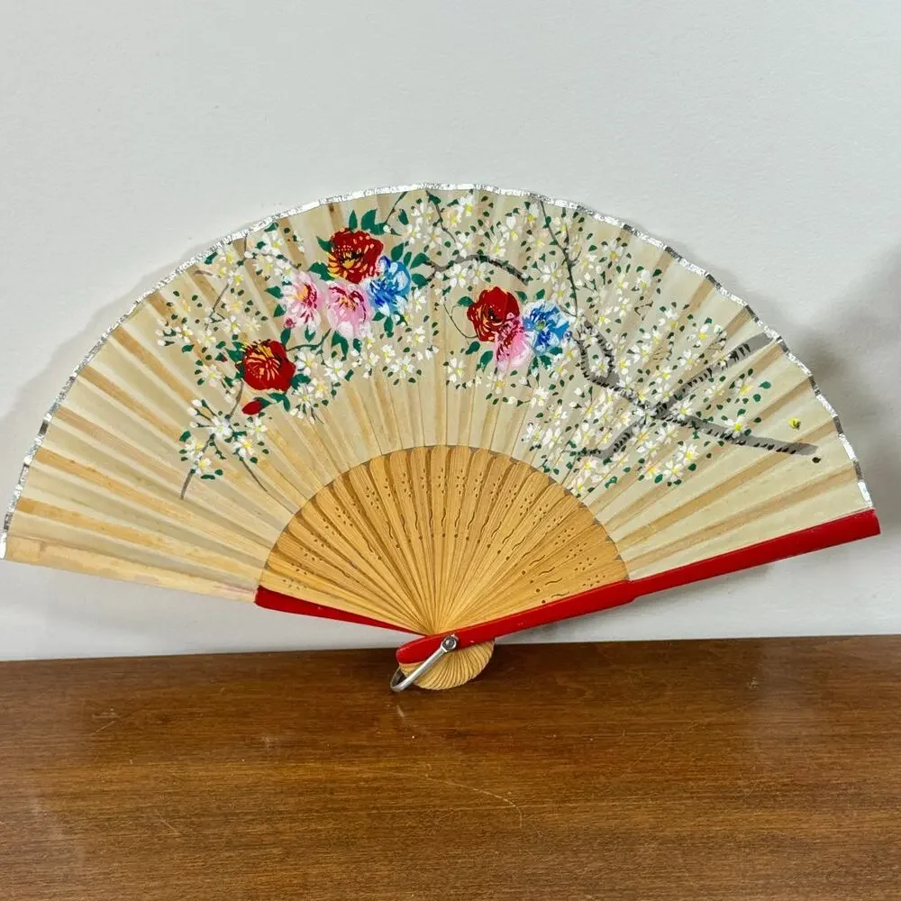 Vintage Japanese Folding Hand Fan Hand Painted Floral Bamboo Silver Trim Wall